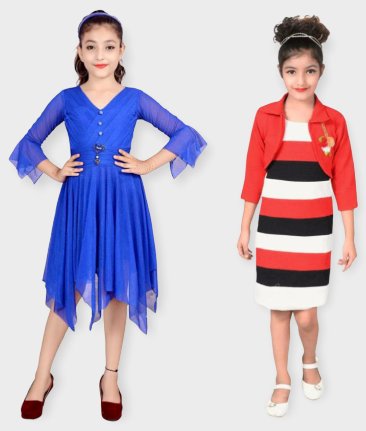     			Sky Heights Net Asymmetric Dress For Girls ( Pack of 2 , Blue & Red )