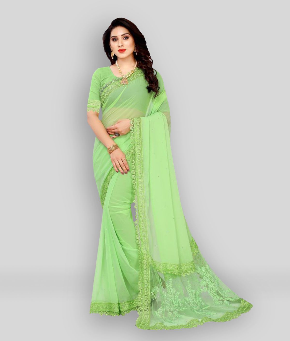     			Aika - Green Georgette Saree With Blouse Piece (Pack of 1)