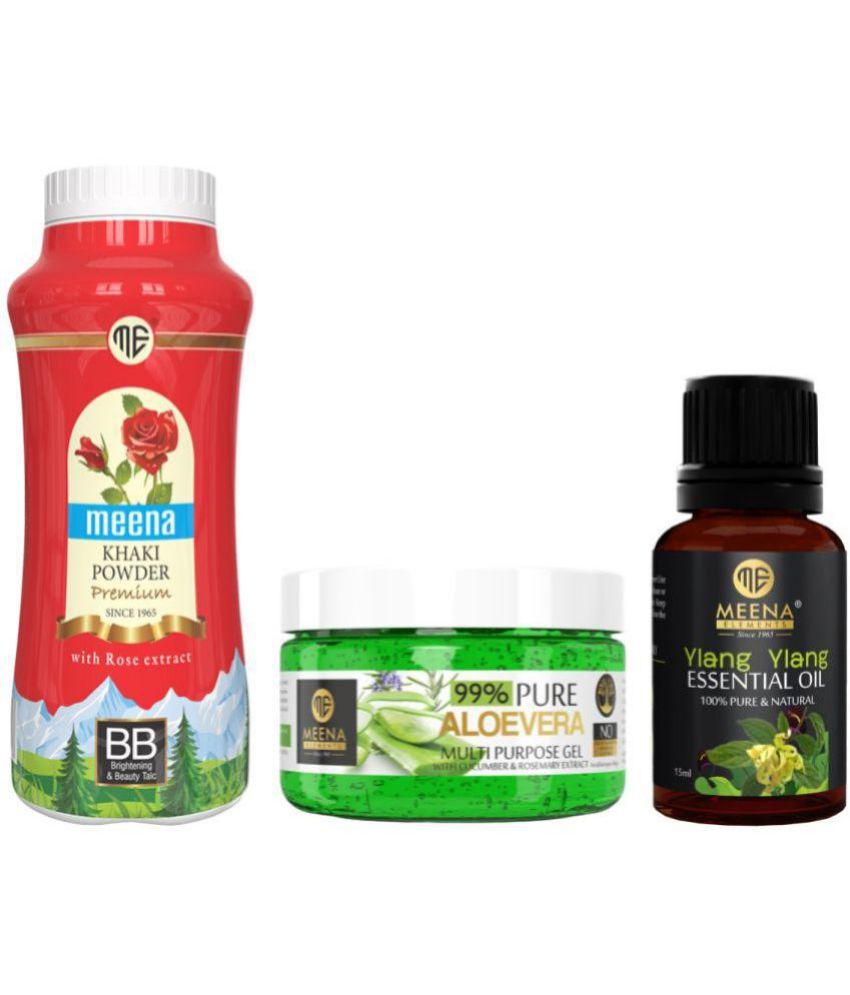     			MEENA ELEMENTS Natural 200gm Khaki Powder, 140gm Aloevera Gel & 15ml Ylang Ylang Natural Essential Oil For Men & Women (Set of 3)