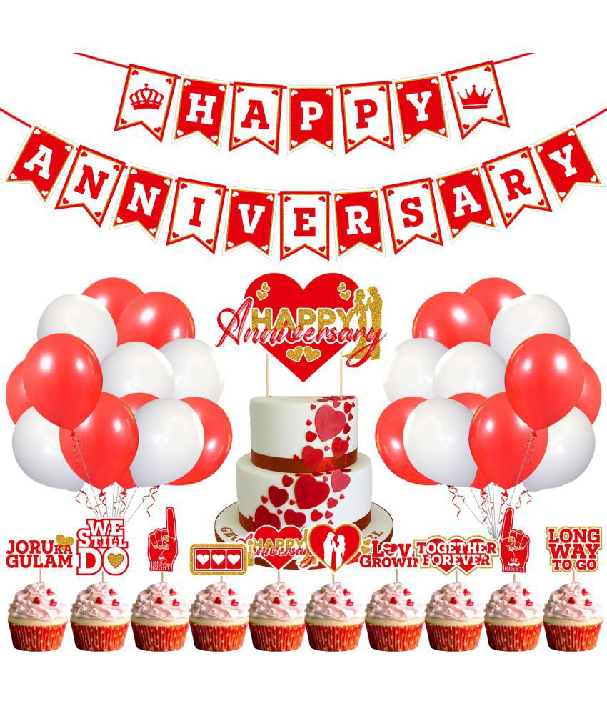     			Zyozi  Anniversary Photo Booth Party Props DIY Kit -Happy Anniversary Banner,Cake Topper, Cup Cake Topper and Balloon For Decoration/Happy Anniversary Decoration Kit/Anniversary Party Decoration (Pack Of 37)