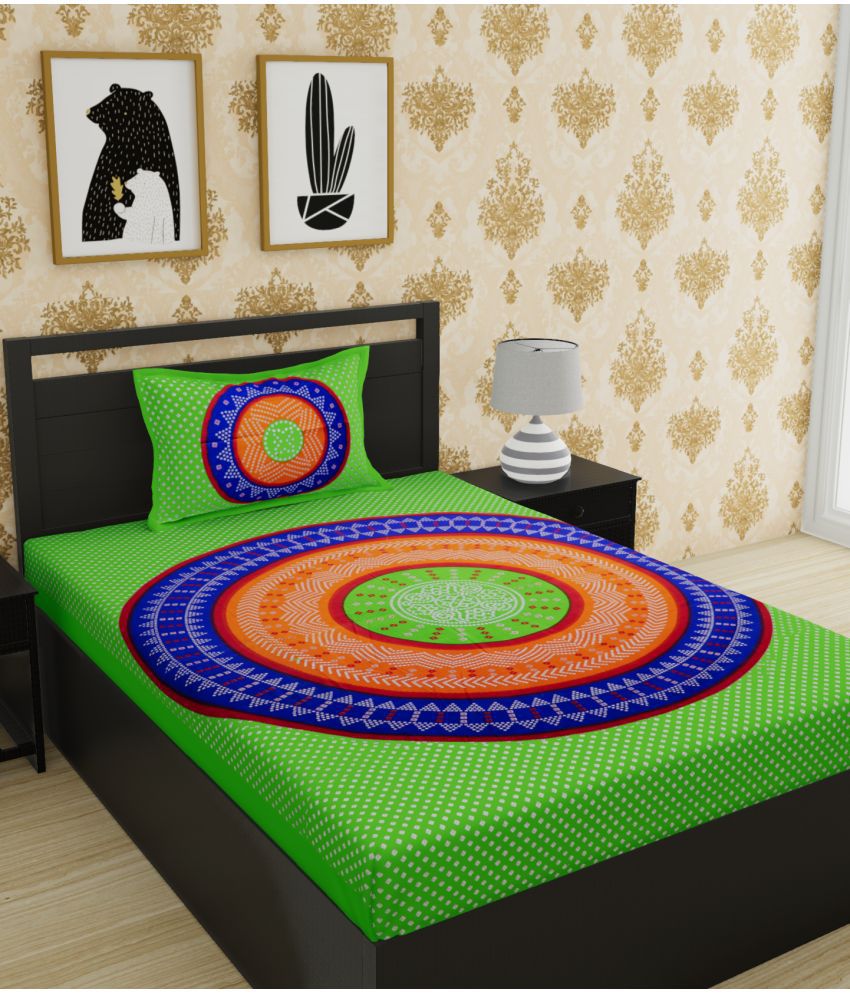 URBAN MAGIC - Lime Green Cotton Single Bedsheet with 1 Pillow Cover