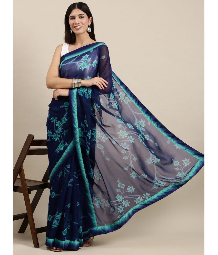     			BLEESBURY - Navy Blue Georgette Saree With Blouse Piece ( Pack of 1 )
