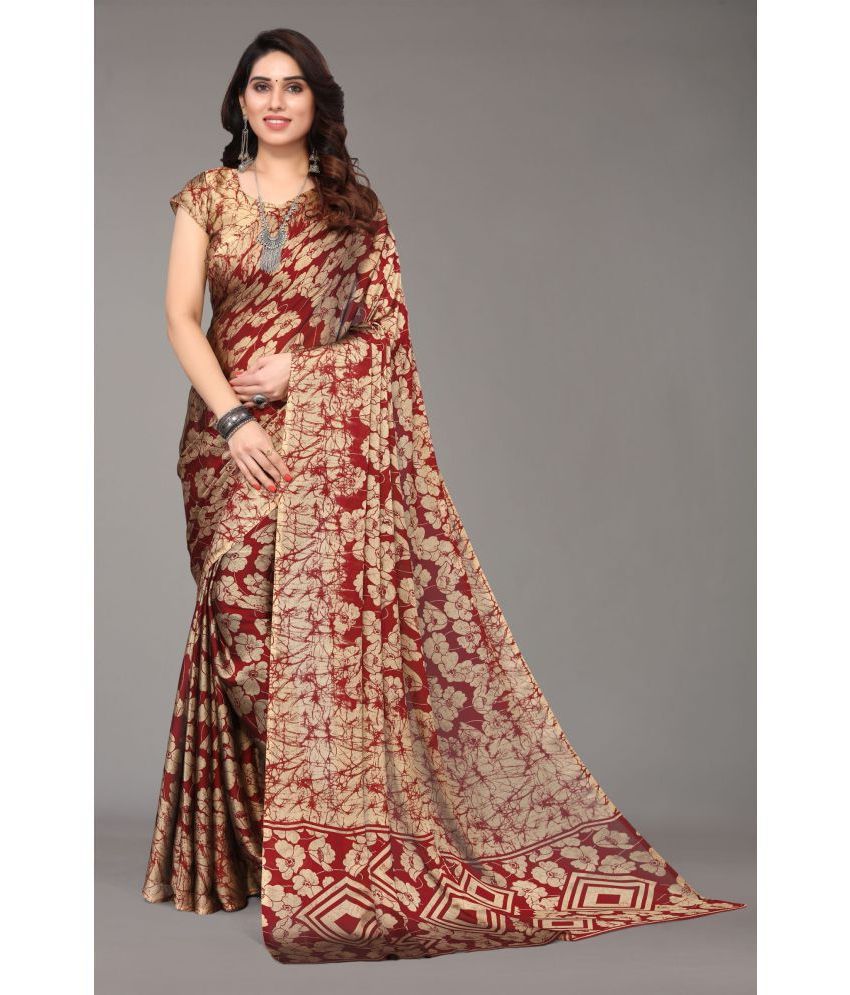     			FABMORA - Maroon Chiffon Saree With Blouse Piece ( Pack of 1 )