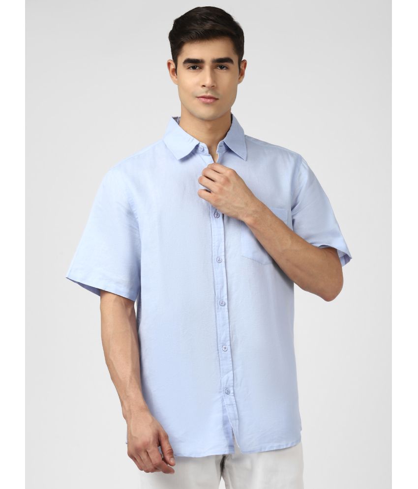 UrbanMark Men Cotton Linen Half Sleeves Slim Fit Solid Casual Shirt-Light Blue
