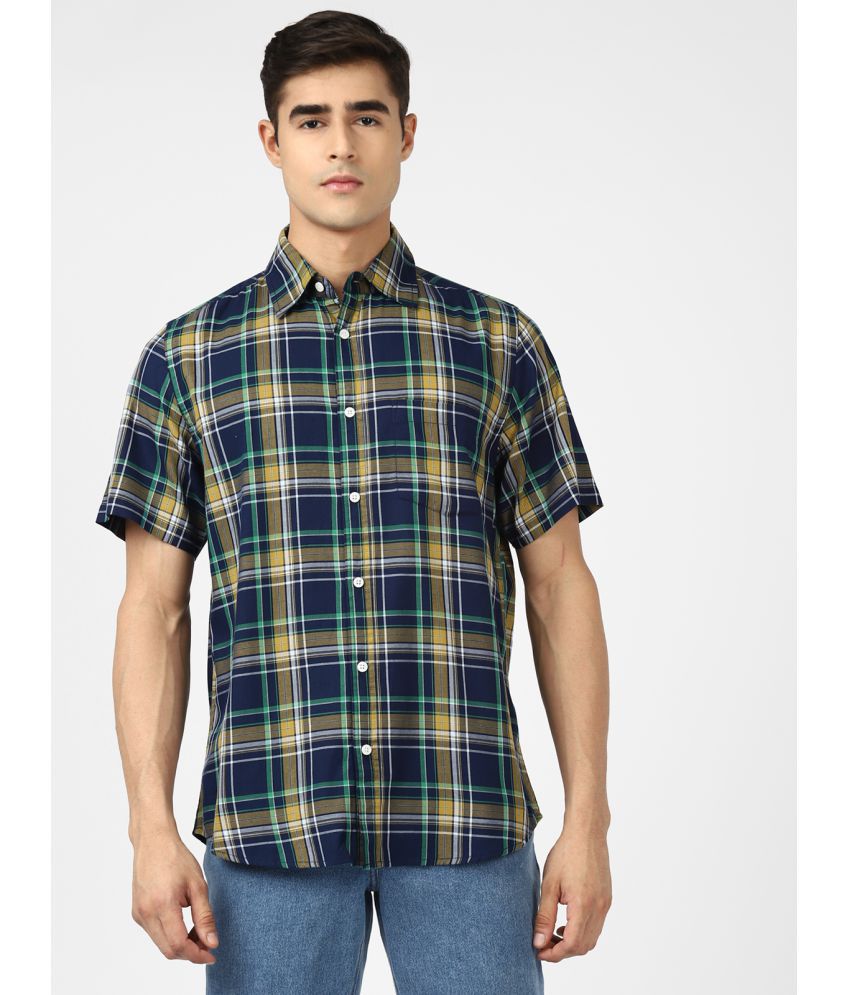 UrbanMark Men 100% Cotton Half Sleeves Regular Fit Check Casual Shirt-Navy Blue & Yellow
