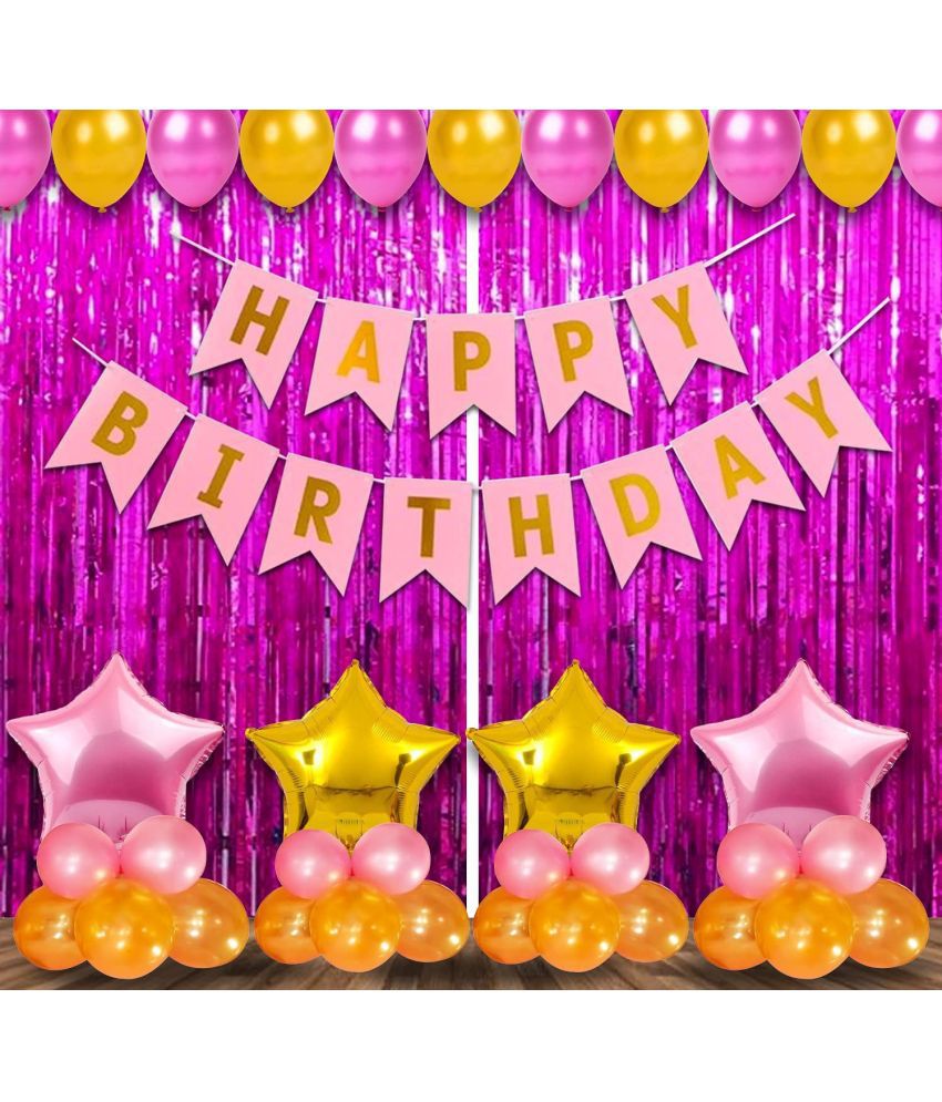     			Party Propz Birthday Decoration Kit for Girls - 47Pcs Pink, Golden Metallic Birthday Balloons for Girls Decoration, Golden Foil Curtain, Pink Happy Birthday Banner/Birthday Decoration Combo Set
