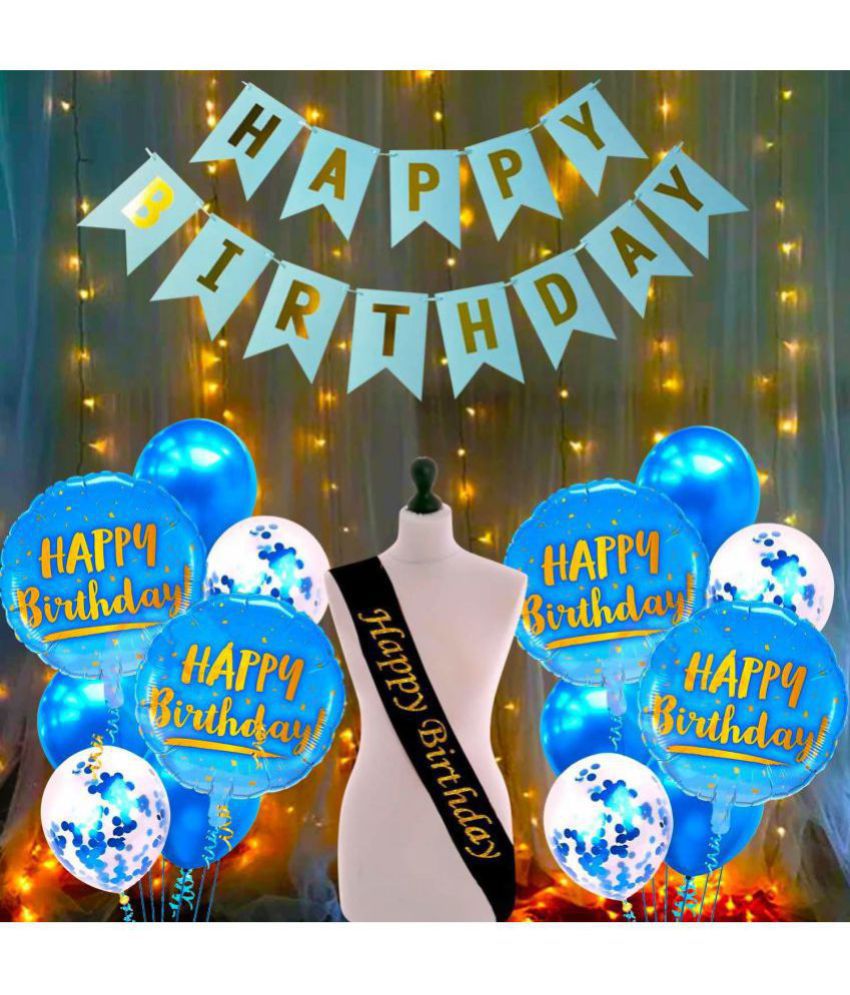    			Party Propz Blue Happy Birthday Decoration Kit Combo With Fairy Led Lights 17pcs Set Banner, Balloon, Metallic, Foil, Sash For Boys, Girls, Kids, Wife, Girl Friend, Woman, 16th, 18th, 21st, 30th Party Supplies