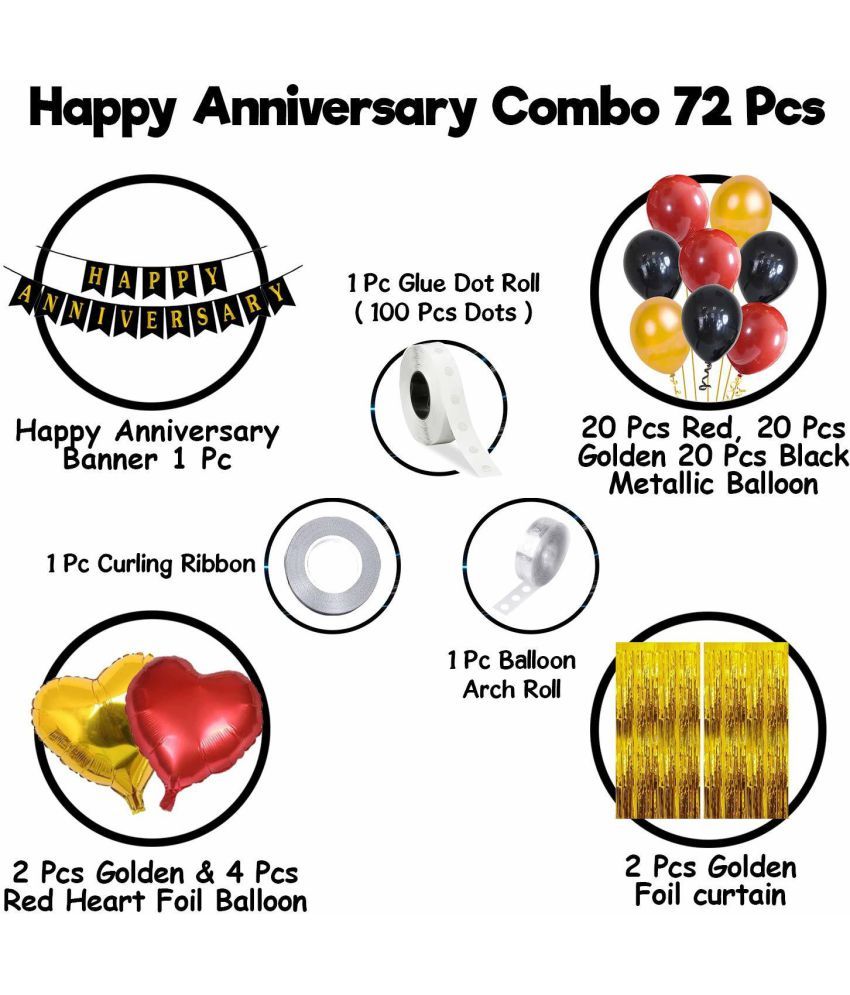 Party Propz Happy Anniversary Decoration Items with Foil Curtain Banner, Balloons, Arch, Glue