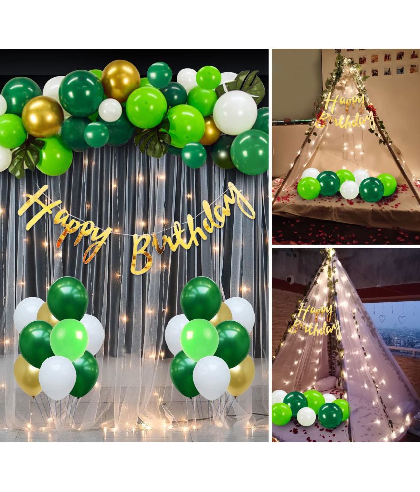     			Party Propz Happy Birthday Decoration Set With White Net Decoration- 42Pcs Green & Golden Birthday Balloons For Decoration, Light, Happy Birthday Foil Banner, Cabana Tent Birthday Decorations