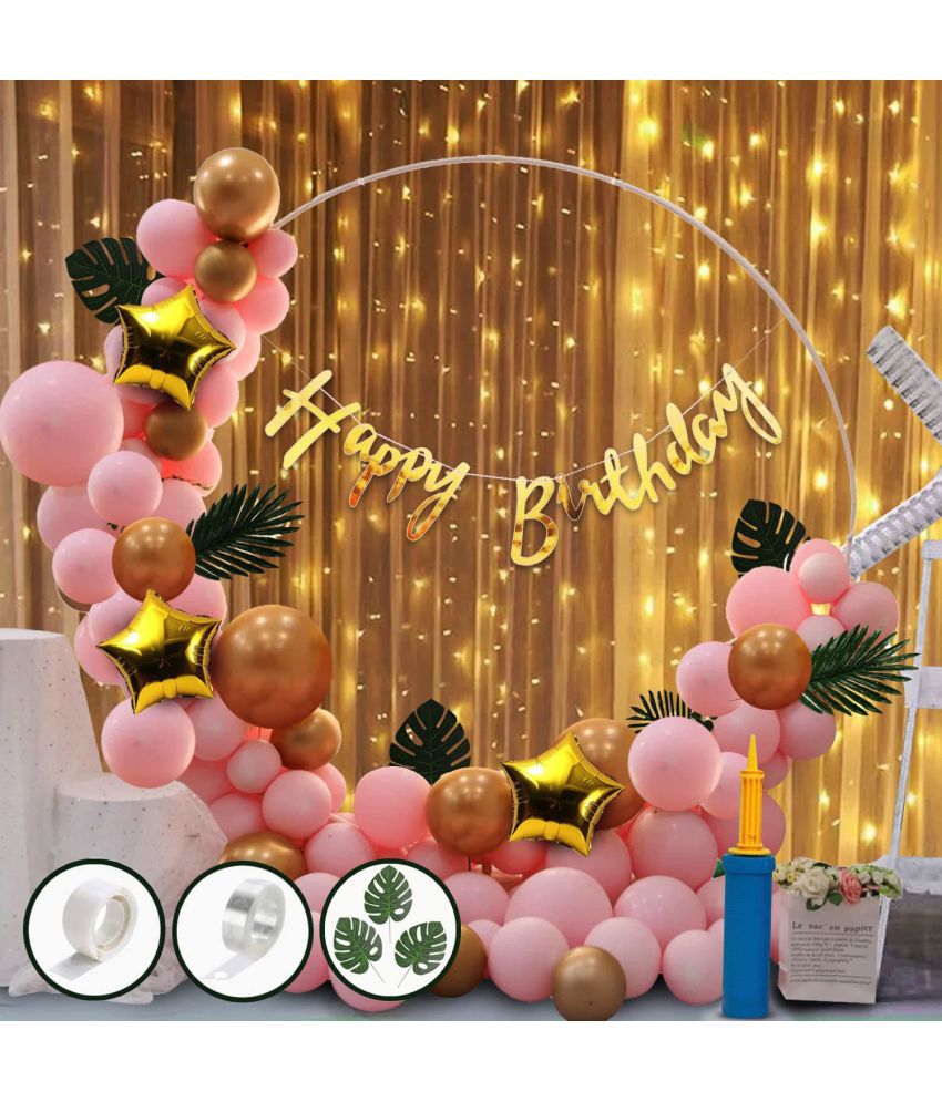     			Party Propz Pink Birthday Decoration Items Combo Set For Girls Kids- Happy Birthday Banner, Metallic Balloons, Net, Glue Dot,Arch Strip, Balloon Pump, Star Foil With Led Fairy Lights For Birthday Decorations Celebrations