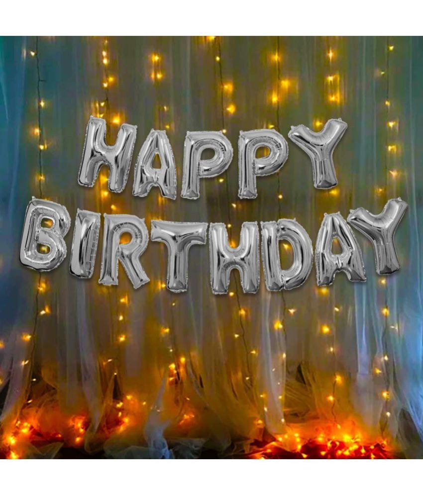     			Party Propz Silver Happy Birthday Decoration Kit -2Pcs HBD Foil Balloon With Led Light Birthday Decorations Items For Bday Lights Combo Pack Set, Husband, Wife, First, 2nd,30th,40th,50th Theme