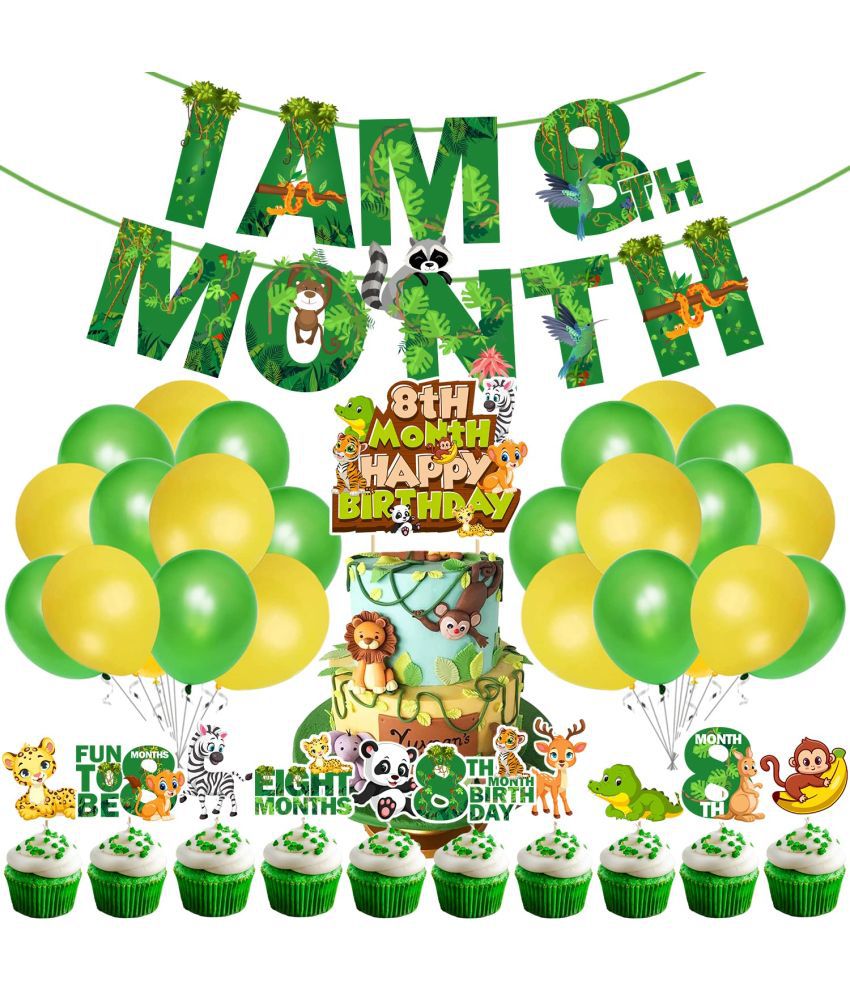     			Zyozi Jungle Theme 8th Month Birthday Decoration Kids,I AM 8th Month Birthday Banner with Latex Balloons, Cake Topper and Cup Cake Topper for Baby Boy or Girl Birthday (Pack of 37)