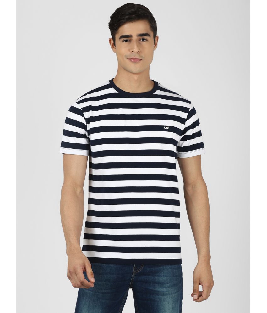     			UrbanMark Men 100% Cotton Regular Fit Round Neck Half Sleeves Striped T Shirt-Navy