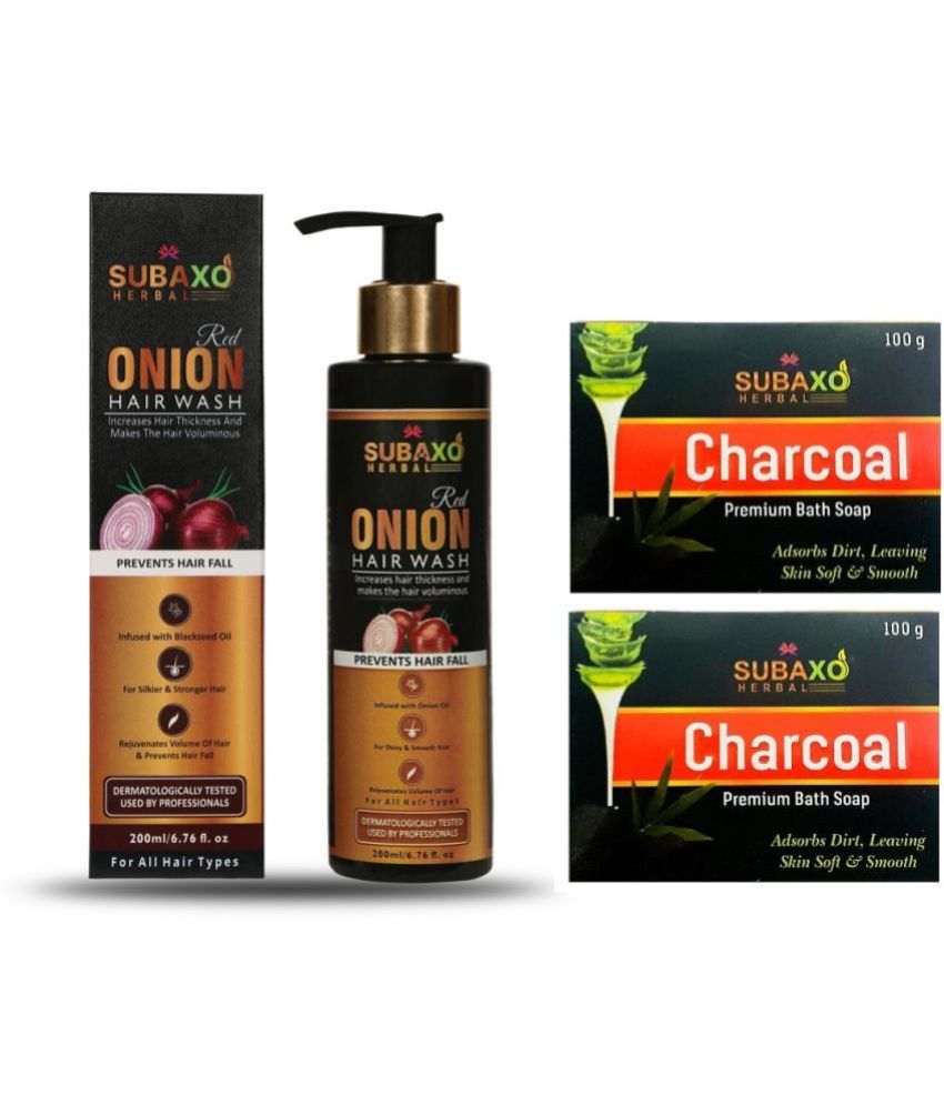     			Red Onion Herbal Hair Wash | Prevents Hair Fall |Makes Hair Silkier & Stronger(200ml) & Charcoal Soap 2 Pc Each 100 G