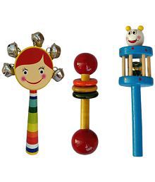 Channapatna Toys Wooden Rattles for Baby/new born babies, Infants ( 0+ Years) - Set of 3 pcs - Multicolor - Discover Sounds, Develops Sensory Skills