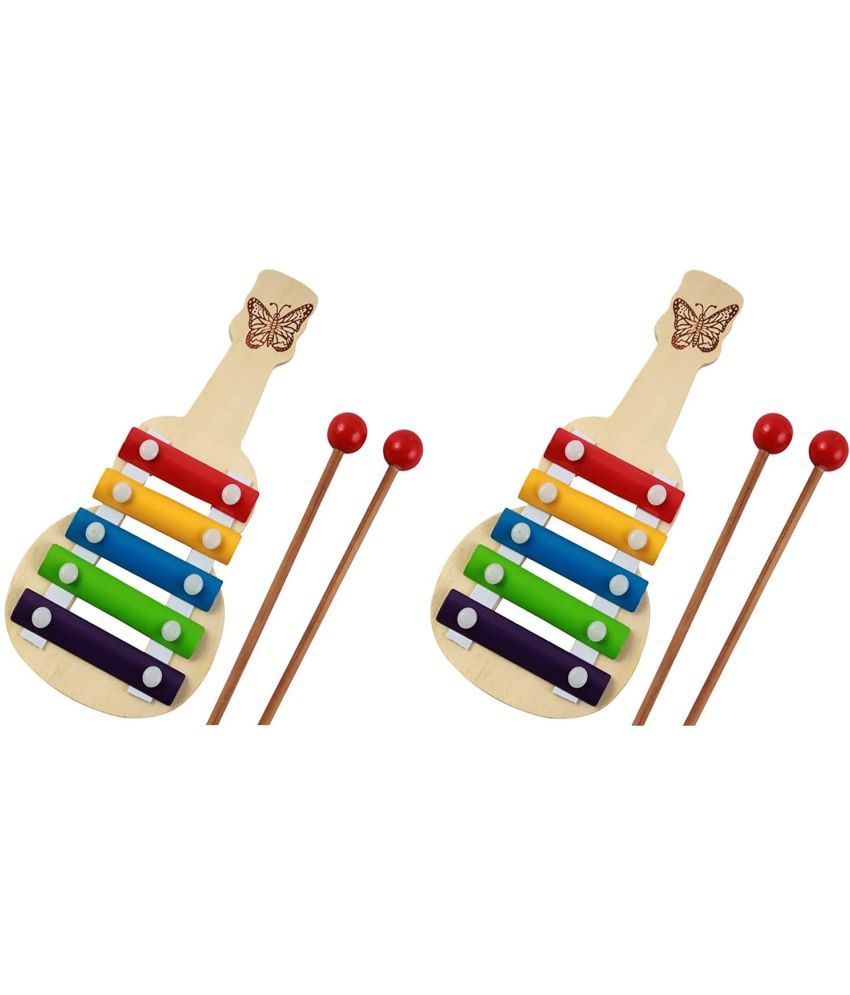     			Channapatna Toys Xylophone Guitar Wooden (5 Nodes) Kids First Musical Sound Instrument Toy Babies Toddlers 6 Months (Small Guitar Xylo Pack of 2)
