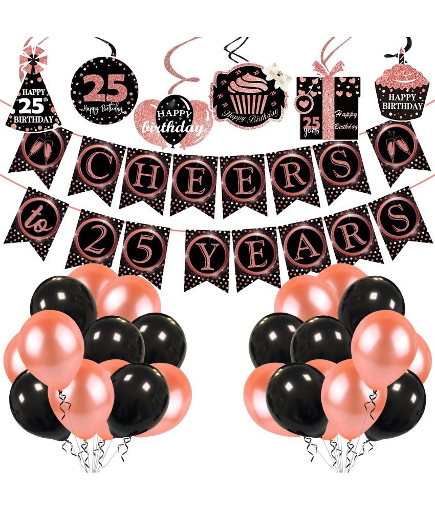     			Zyozi 25th Birthday Decorations Cheers to 25 Years 25s Birthday Banner with Swirls and Balloon for Men Women Rose Gold Backdrop Wedding Anniversary Party Supplies Decorations( Pack of 32)