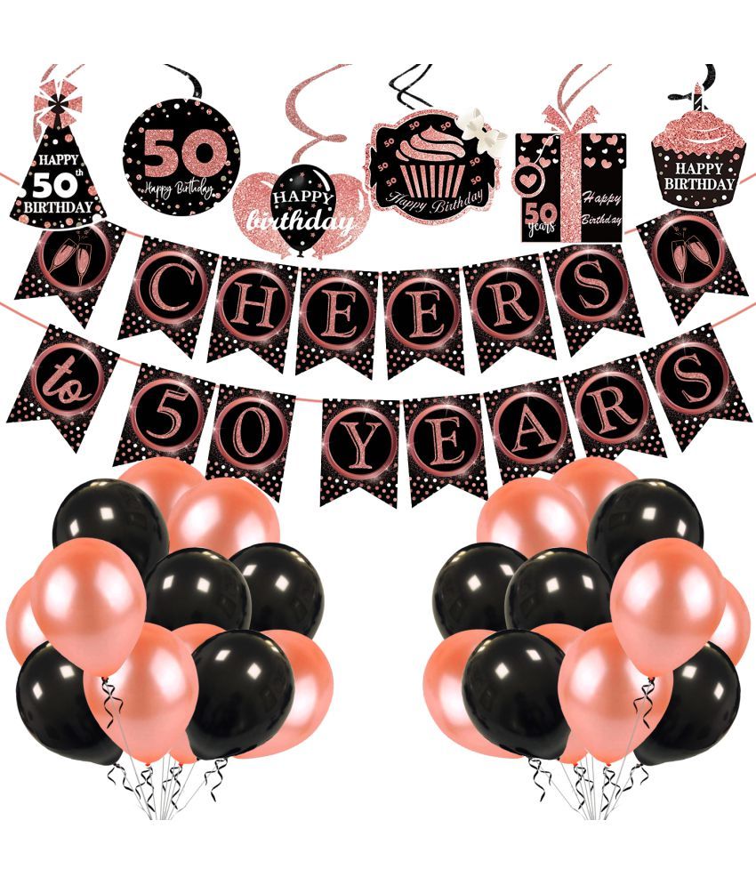 Zyozi 50th Birthday Decorations Cheers To 50 Years 50s Birthday Banner With Swirls And Balloon For Men Women Rose Gold Backdrop Wedding Anniversary Party Supplies Decorations Pack Of 32 Buy Zyozi