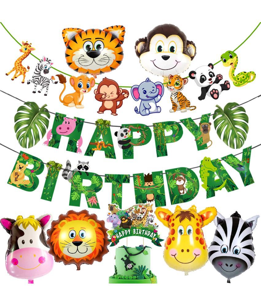    			Zyozi Jungle Safari Happy Birthday Decoration Kids,Animal Birthday Party Decoration Banner with Latex Balloons, Cake Topper and Cup Cake Topper for (Pack of 9)