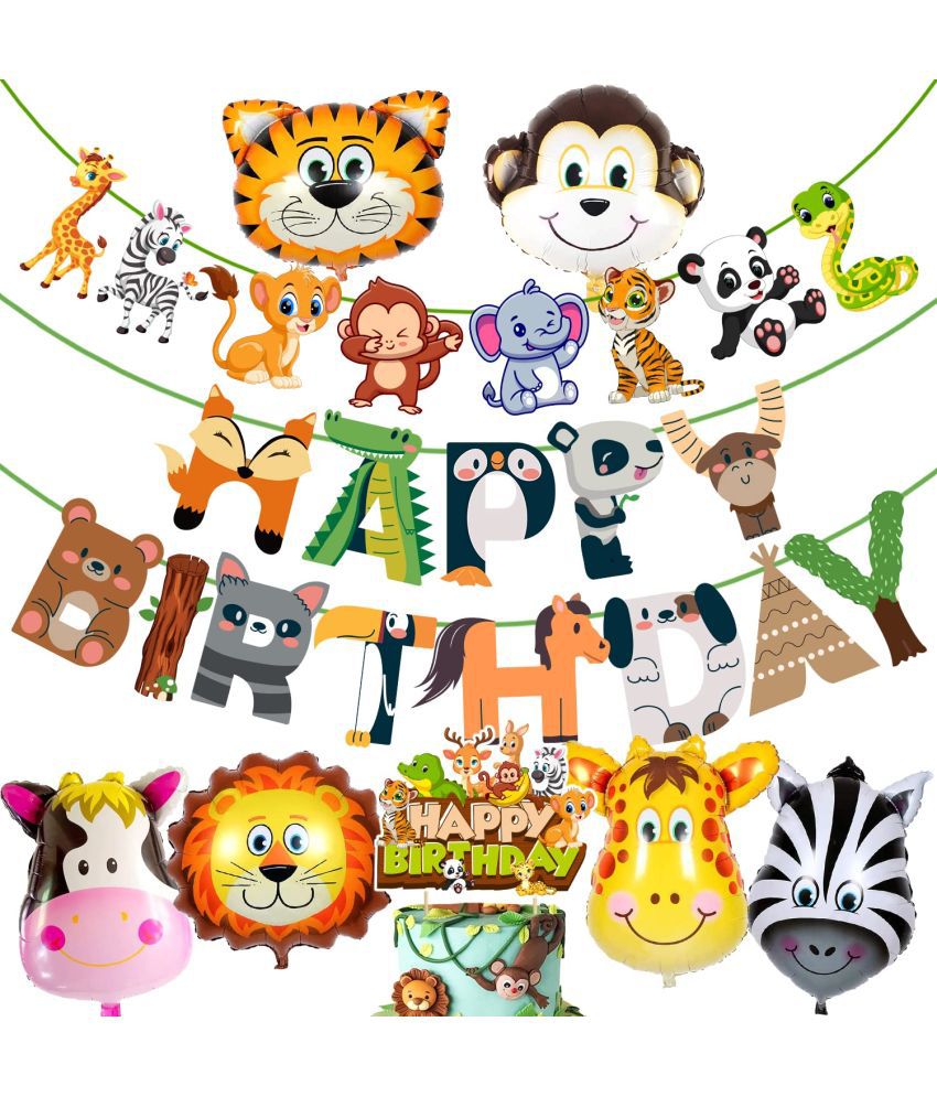     			Zyozi Jungle Safari Happy Birthday Decoration Kids,Animal Birthday Party Decoration Banner with Latex Balloons, Cake Topper and Cup Cake Topper for (Pack of 9)