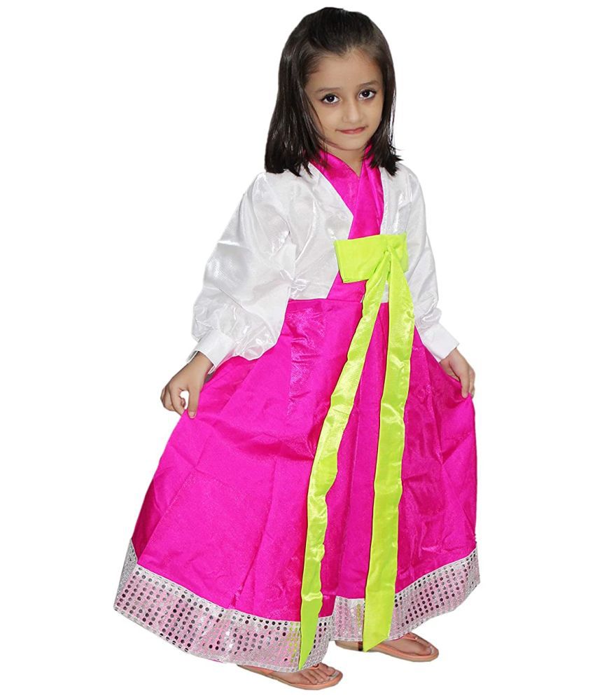     			Kaku Fancy Dresses Korean Girl Costume of International Traditional Wear for Kids -White-Magenta, 3-4 Years, for Girls