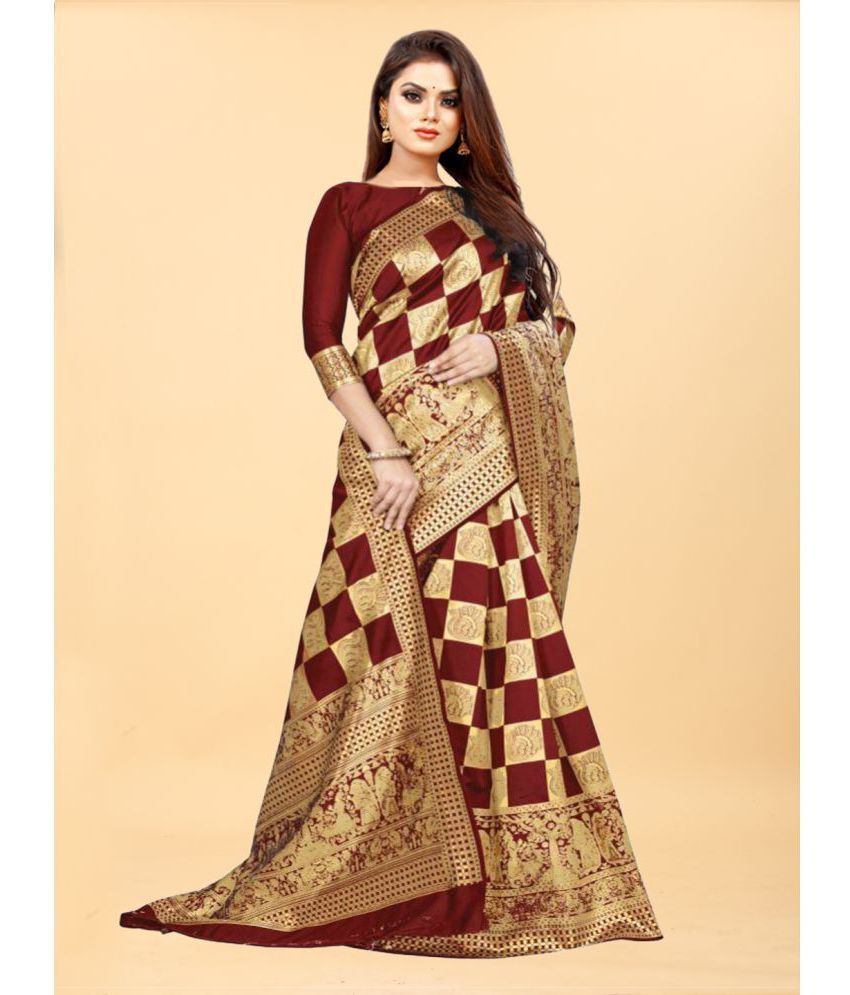     			Gazal Fashions - Maroon Banarasi Silk Saree With Blouse Piece ( Pack of 1 )