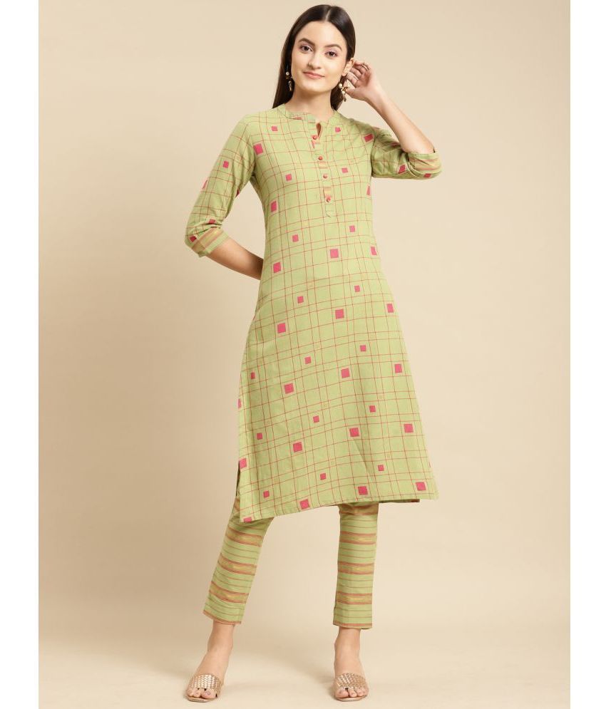     			Rangita Women 100% Cotton Green Self textured Calf length Straight Kurta with Pant Set