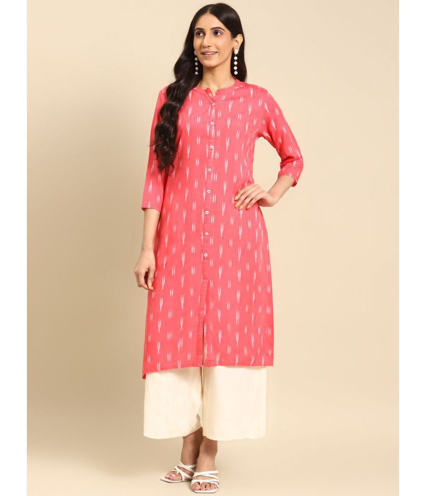     			Rangita Women Rayon Pink Ikat Printed Calf Length Straight Kurti