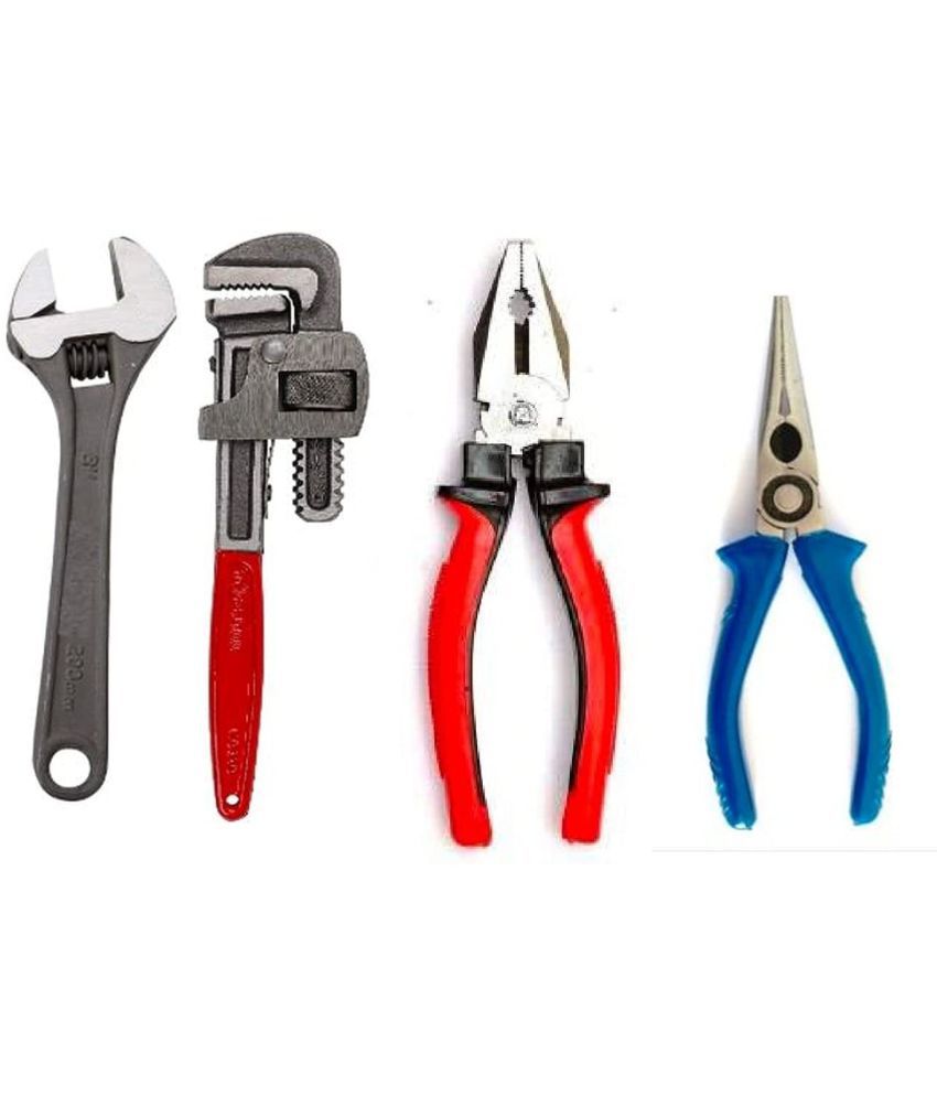     			Kadio Hand Tools Combo Set With 8" Rubber Grip Plier, Nose Plier, 8" Adjustable Wrench, 10" Pipe Wrench (Multicolor, Heavy Duty)(Set of 4)