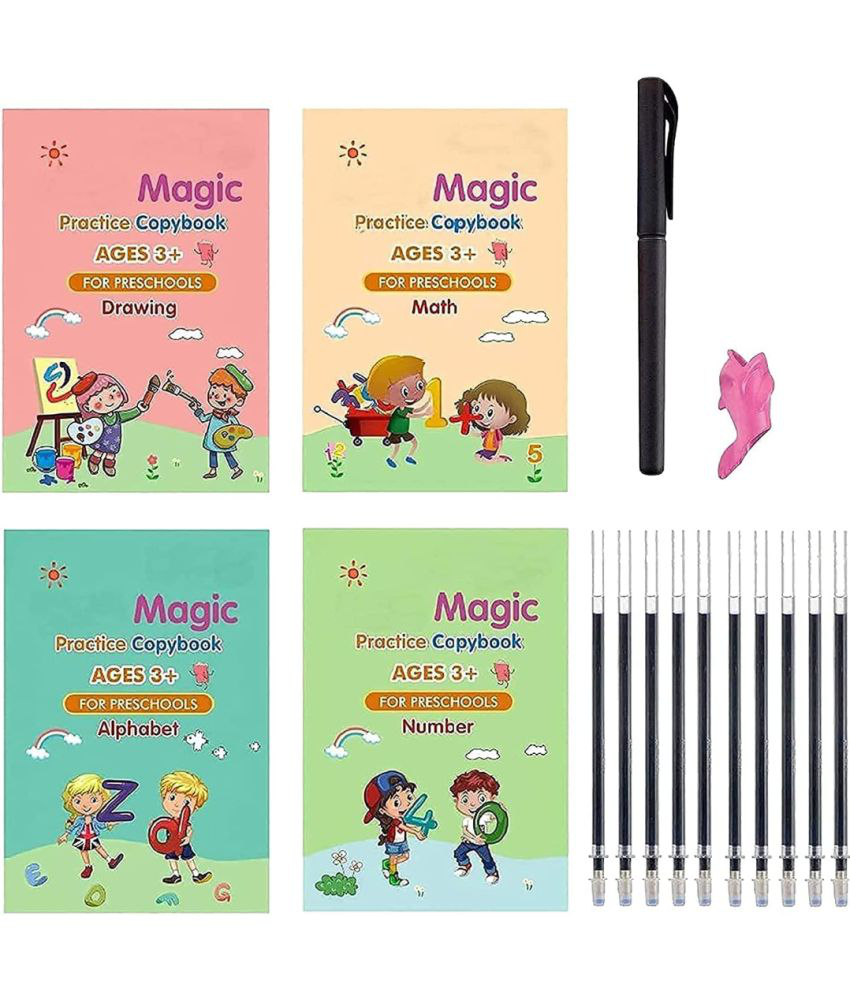     			Sank Magic Practice Copybook - (1 Pen + 1 Grip + 4 BOOKS + 10 REFILL)   Writing & Drawing Books Kit Calligraphy Books for kids Alphabets for Kids Learning Handwriting Practice Copybook for Kids With Pen set for Preschooler