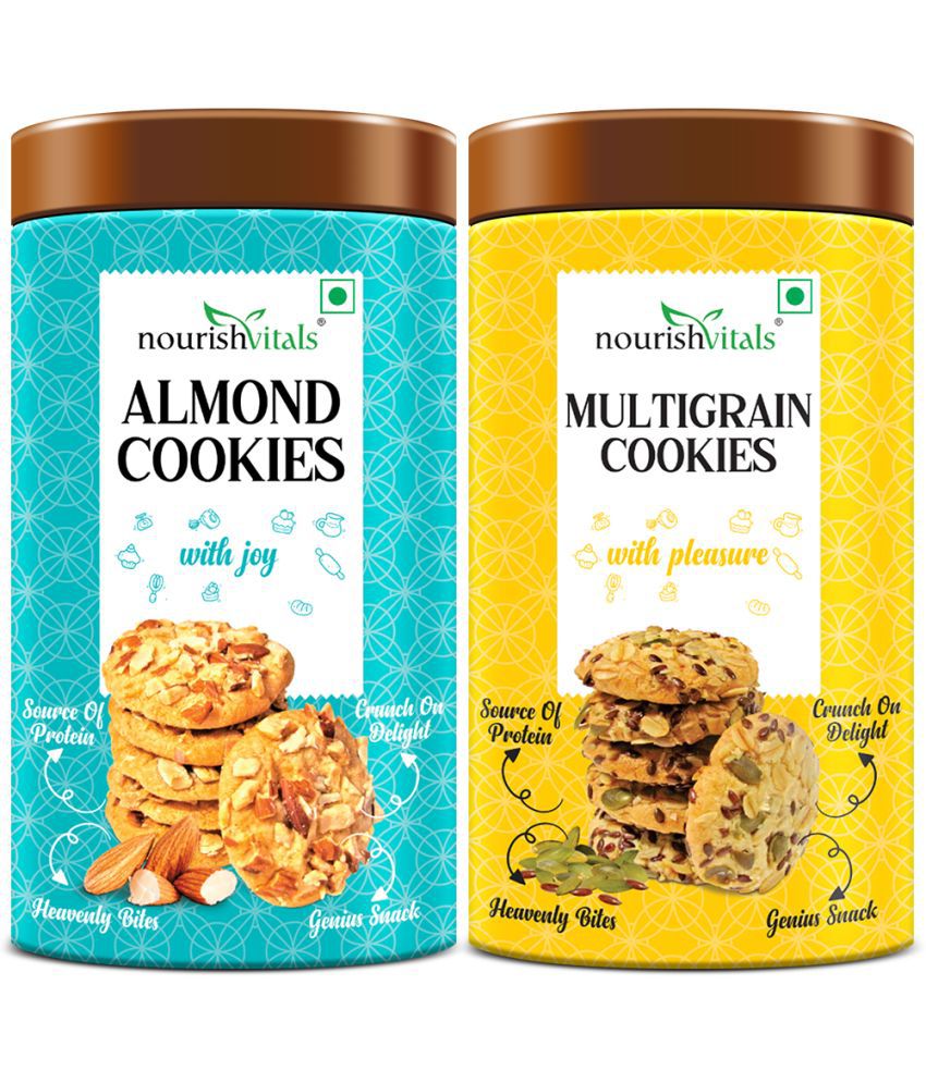 NourishVitals Almond Cookies + Multigrain Cookies, Heavenly Bites, Source of Protein, Crunchy Delights, Genius Snack, 120g Each