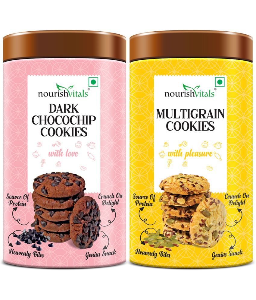     			NourishVitals Dark Chocochip Cookies + Multigrain Cookies, Heavenly Bites, Source of Protein, Crunchy Delights, Genius Snack, 120g Each