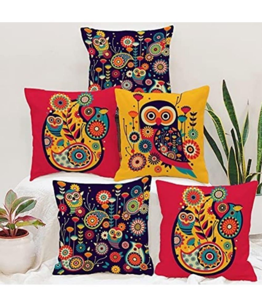     			HOMETALES Pack of 5 Jute Floral Printed Square Cushion Cover (40X40)Cm Multicolor