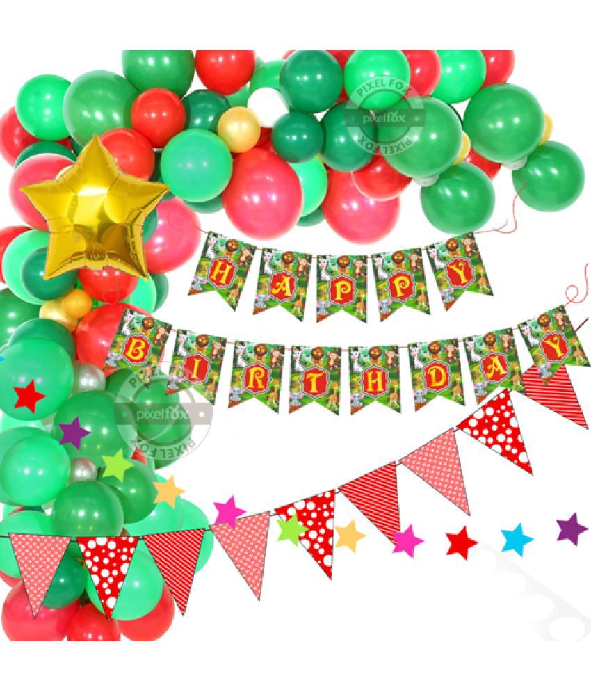     			Happy Birthday Banner (Jungle Theme) + 20 Pcs Metallic Balloon (Light Green, Dark Green, Red) + 1 Bunting Flag ( Red ) + 12 pc Multi Star Set + 1 Pcs Star Foil (Golden)