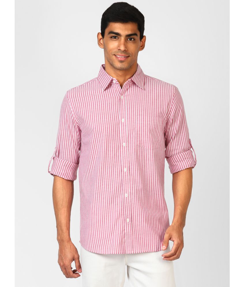 UrbanMark Men 100% Cotton Full Sleeves Regular Fit Striped Casual Shirt-Coral & White