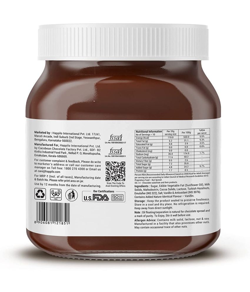 Happilo Chocolate Hazelnut Spread 200g, Low Carb Chocolate Dessert