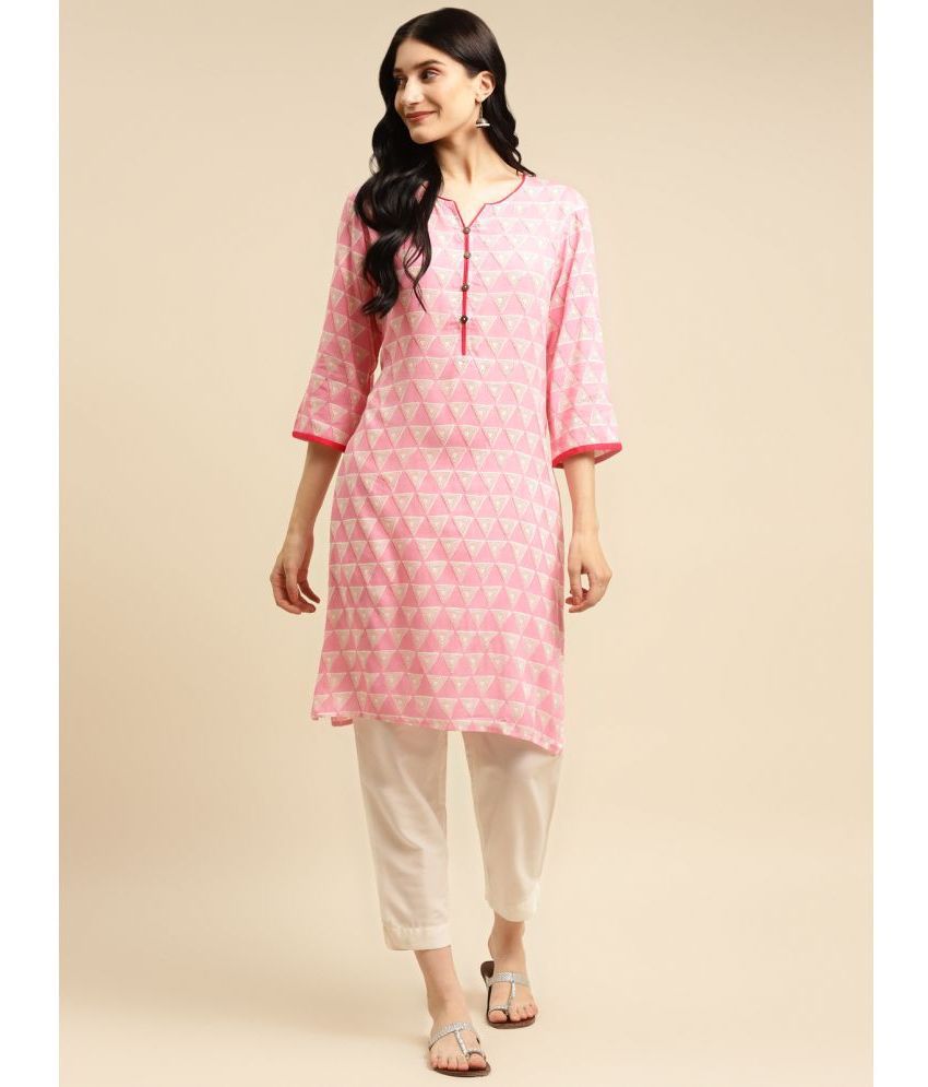     			Rangita Women Rayon Pink Geometric printed Knee length straight kurti with contrast placket