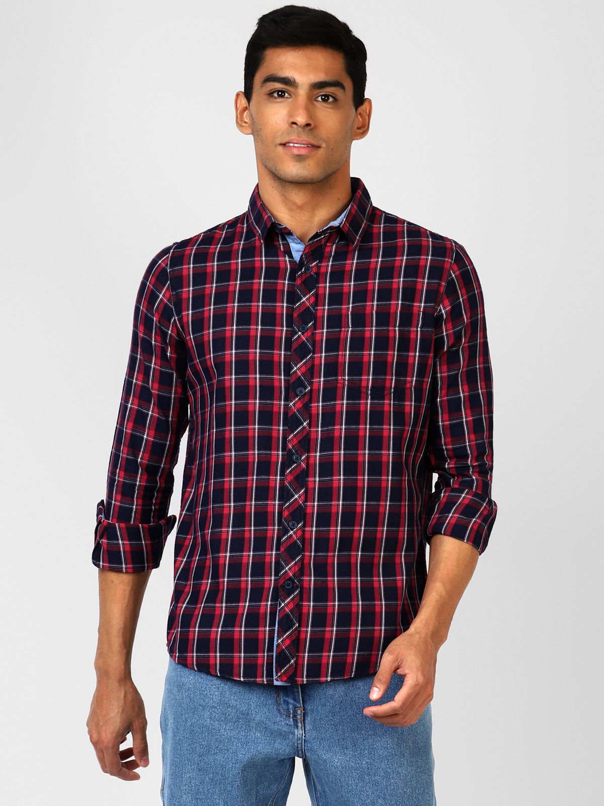     			UrbanMark Men 100% Cotton Full Sleeves Regular Fit Check Casual Shirt-Red & Black