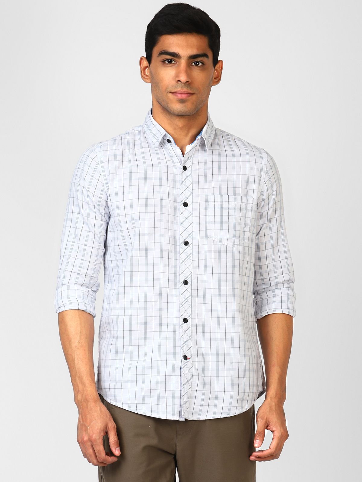 UrbanMark Men 100% Cotton Full Sleeves Regular Fit Check Casual Shirt-White