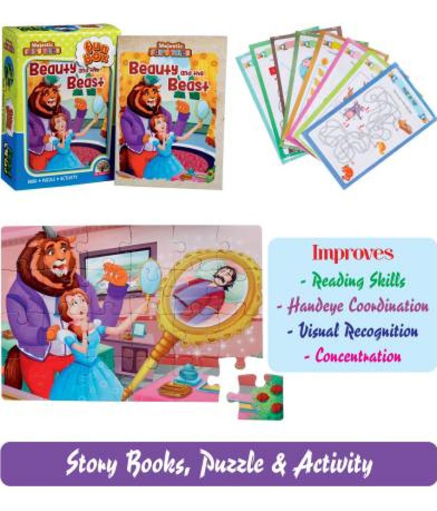    			FUN BOX WITH  PUZZLE GAME , STORY BOOK( FAIRY TALE AND MORAL STORIES) AND ACTIVITY SHEET FOR KIDS : 24 PCS JIGSAW PUZZLE , 1 ENGLISH STORY BOOK( BEAUTY AND THE BEAST) , 8 ACTIVITIES FOR KIDS , 2 YRS ABOVE , BEST GIFT ITEM FOR KIDS