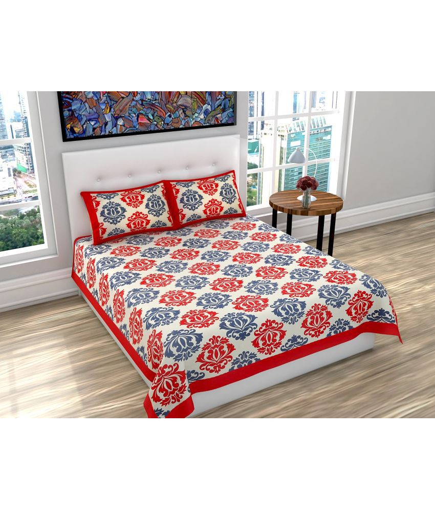     			ESTIILO - Red Cotton Double Bedsheet with 2 Pillow Covers