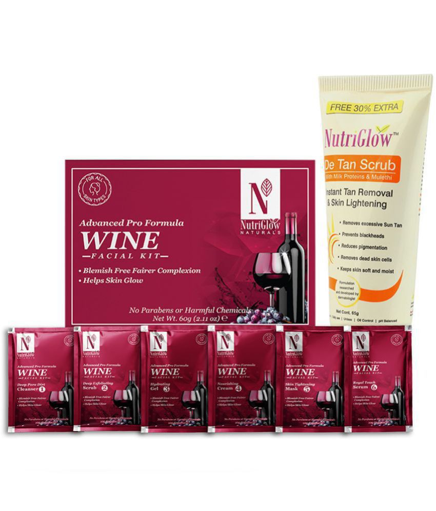     			Nutriglow Wine Facial Kit For Blemish Free Fairer Complextion 60gm and De Tan Scrub 65gm For All Skin Type (Pack of 2)