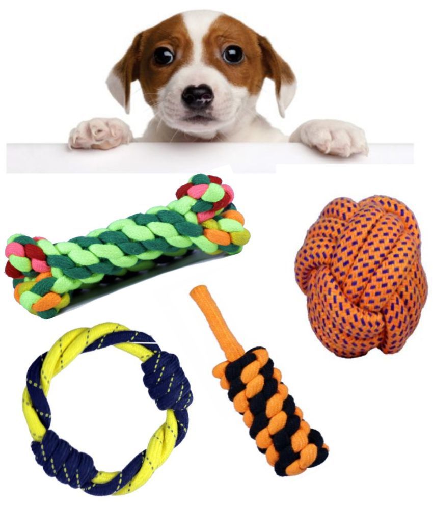     			Ring ,Large Ball, Corn, Bone  Rope Toys for Dogs, Puppy chew Teething Set of 4