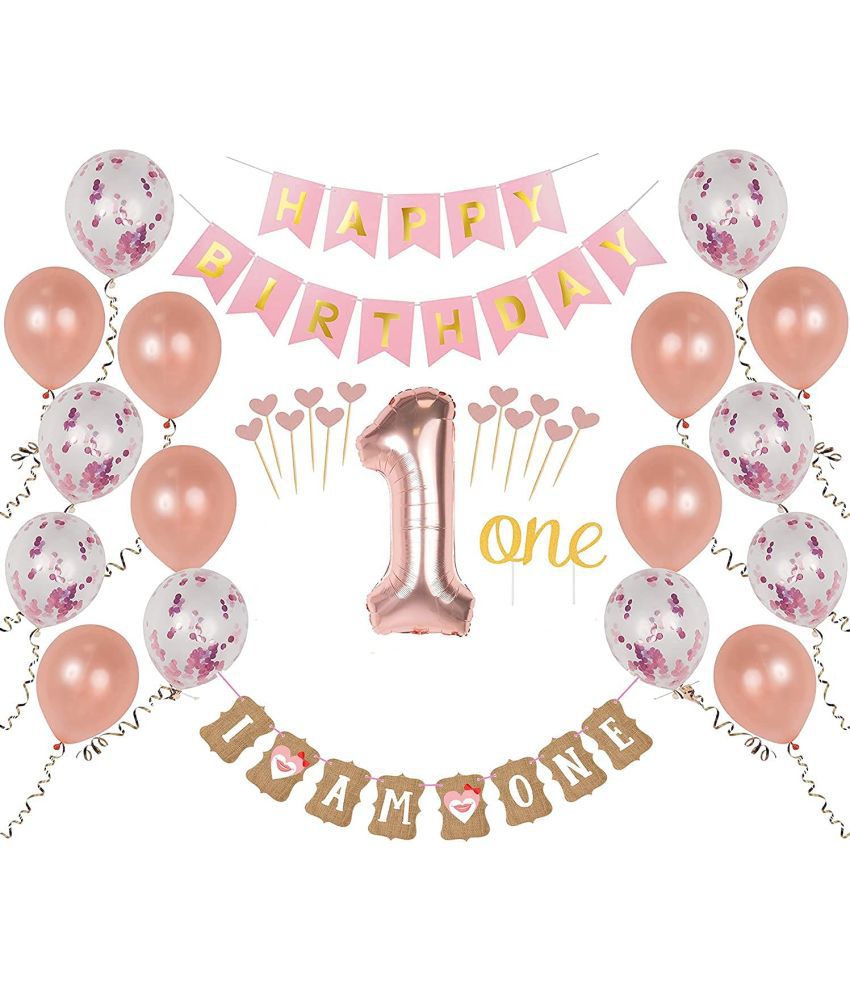     			Zyozi First Birthday Girl Decorations, 1st Smash Cake Fun Party Set, Rose Gold Pink Decor - “One” Topper, Confetti Balloons, Bday Bunting, “I am One” Banner, , Heart Sticks ( Pack of 32)