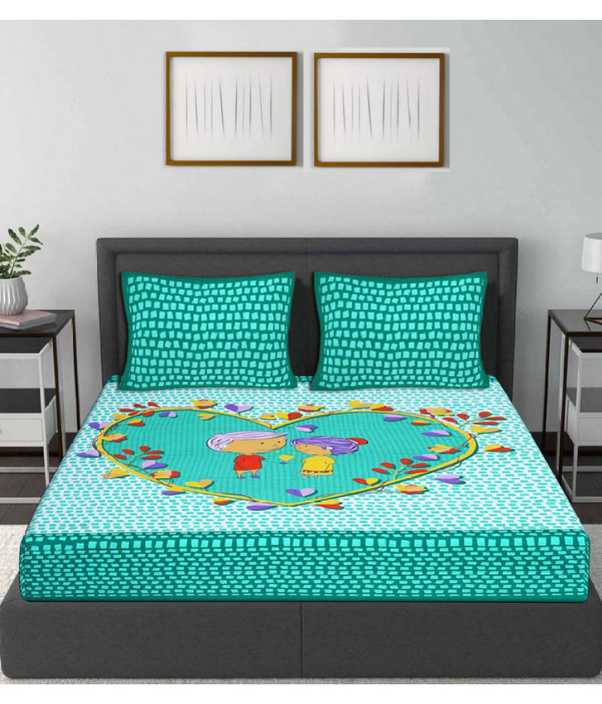     			HOMETALES Cotton Abstract Queen Bed Sheet with Two Pillow Covers-Sea Green