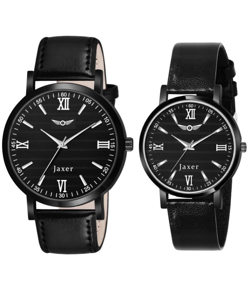     			Jaxer - Black Leather Analog Couple's Watch