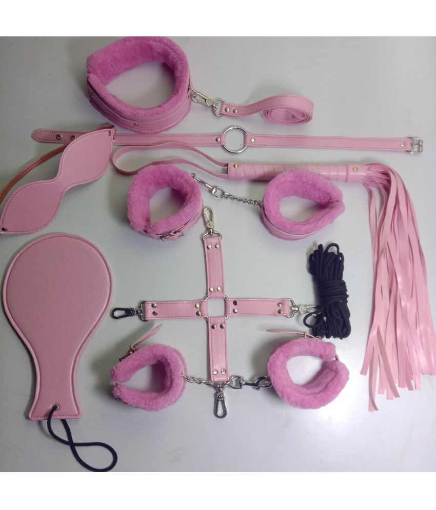     			Comrade Saddlery Tannery Finished Genuine Leather Bdsm Set of 7 Pieces Bondage Kit With Hand Cuff Collar Blind Fold Paddle Flogger Mouth Gage Leg Cuff Hog Tie for Couples Beginner Adjustable