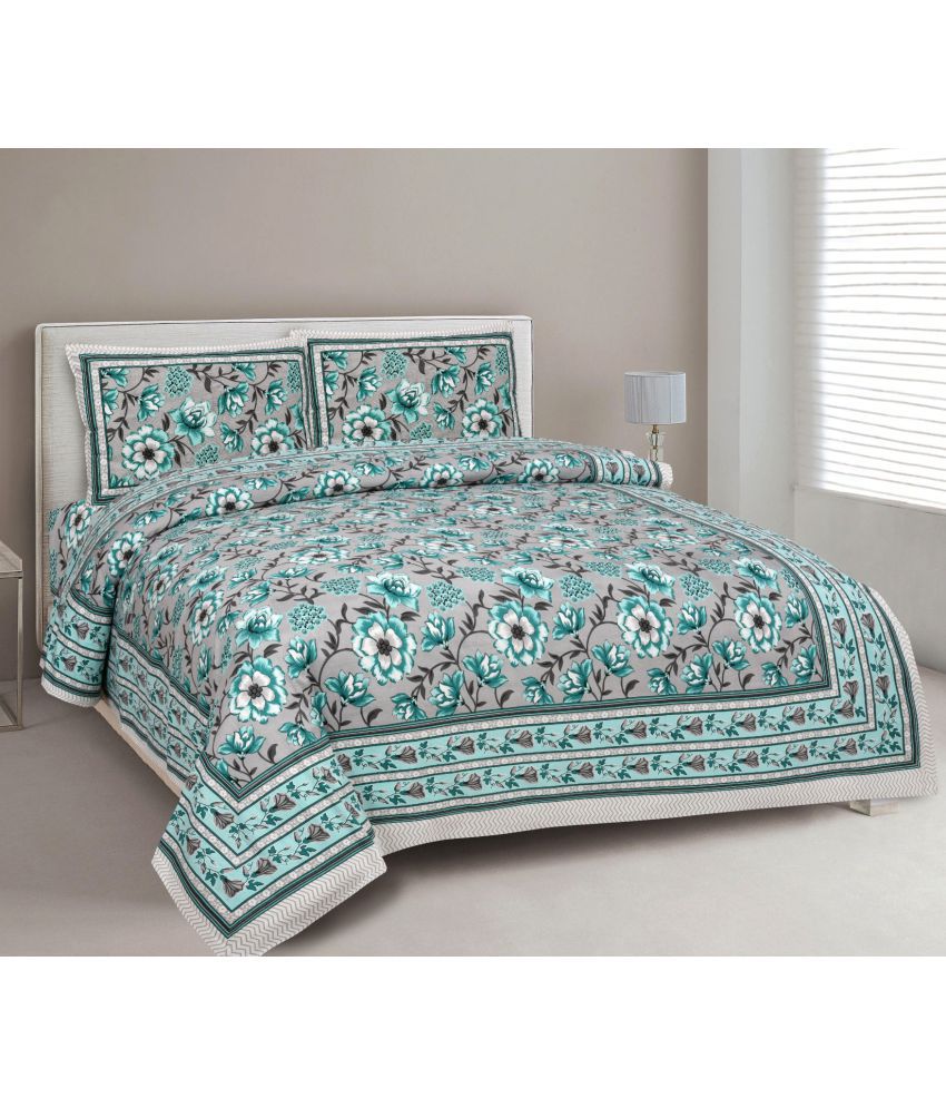     			Uniqchoice - Turquoise Cotton Double Bedsheet with 2 Pillow Covers