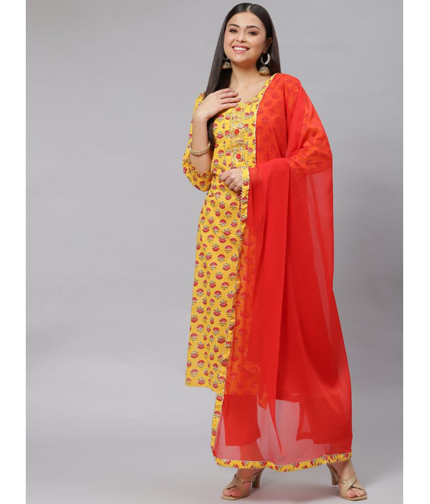     			Divena - Yellow Straight Cotton Women's Stitched Salwar Suit ( Pack of 1 )
