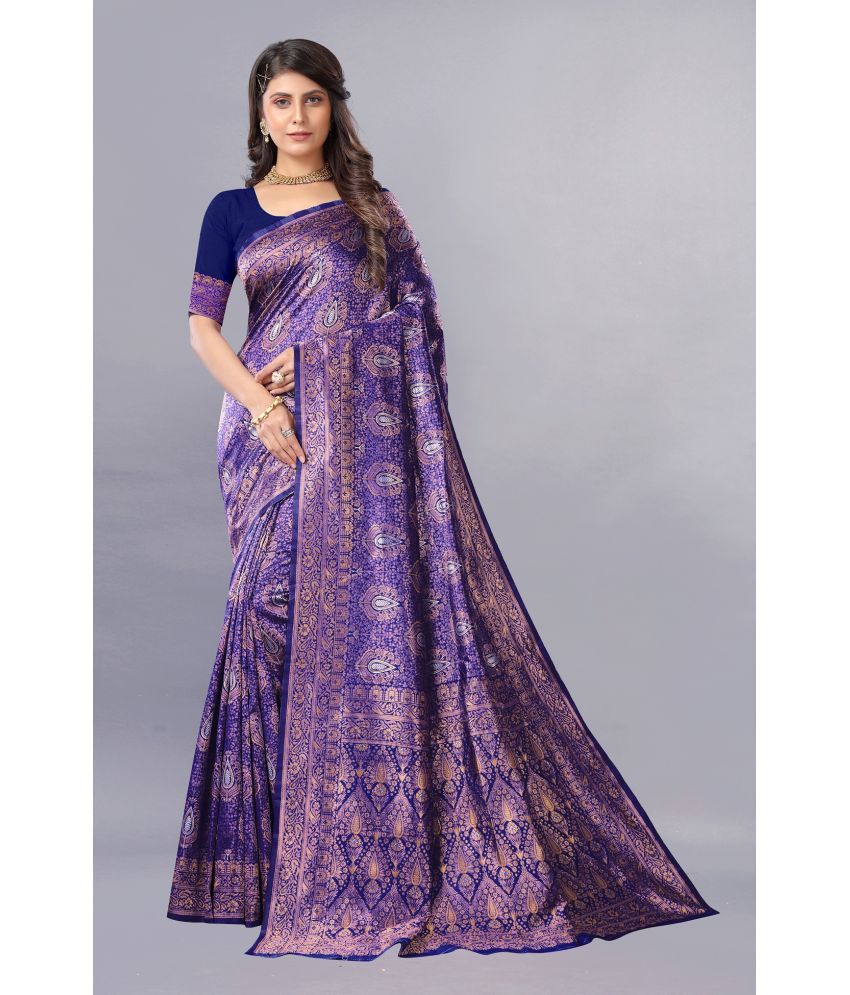     			Gazal Fashions - Navy Blue Banarasi Silk Saree With Blouse Piece ( Pack of 1 )